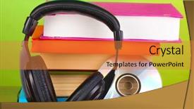  Presentation with green science - PPT theme consisting of audio science - headphones on books on wooden background and a  colored foreground