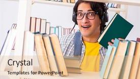  Presentation with library - Cool new slides with audio science - male student preparing for exams backdrop and a  colored foreground