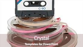  Presentation with cassette - Slide set consisting of audio signal - pile of tape reels background and a violet colored foreground