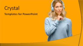  Presentation with listening woman - Slide deck having audio signal - young beautiful woman listening background and a  colored foreground