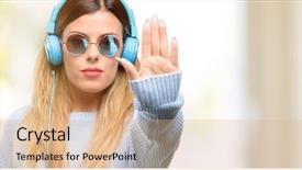  Presentation with student bad attitude - Colorful slide set enhanced with audio signal - young woman listen to music backdrop and a coral colored foreground