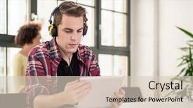  Presentation with headphones - Colorful presentation theme enhanced with pc broadcast - young man using headphones while backdrop and a lemonade colored foreground