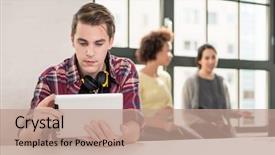  Presentation with man watching woman preparing vegetables - Slide set consisting of pc broadcast - young man using headphones while background and a coral colored foreground