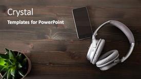  Presentation with audiobook - PPT theme having audiobook-concept-modern-wireless-headphones background and a dark gray colored foreground