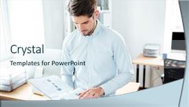  Presentation with working - Audience pleasing slides consisting of audit contract - concentrated young man working backdrop and a sky blue colored foreground