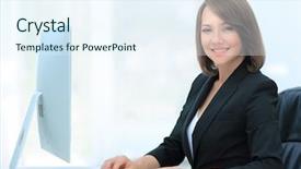  Presentation with desk - Slide deck enhanced with audit contract - happy businesswoman typing on computer background and a  colored foreground