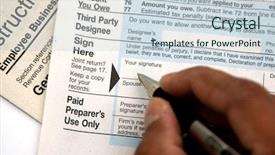  Presentation with tax audit - Colorful slides enhanced with audit financial statements - hand signing a tax form backdrop and a lemonade colored foreground