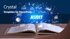  Presentation with audit - Presentation design with audit inscription coming out from an open book business concept background and a ocean colored foreground