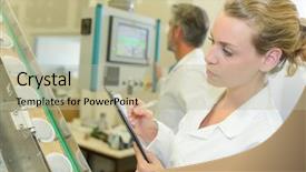  Presentation with beakers - Audience pleasing presentation theme consisting of audit quality - lady with clipboard inspecting row backdrop and a mint green colored foreground