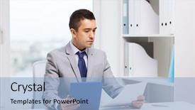  Presentation with paperwork - Audience pleasing slide set consisting of audit report - business people paperwork and technology backdrop and a light blue colored foreground