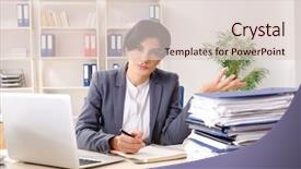  Presentation with unhappy - Colorful PPT theme enhanced with audit working papers - middle aged businesslady unhappy backdrop and a  colored foreground
