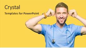  Presentation with medical smiling doctor - PPT theme featuring auditing - handsome doctor man wearing medical background and a yellow colored foreground