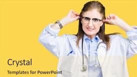  Presentation with medical smiling doctor - Beautiful PPT theme featuring auditing - middle age mature doctor woman backdrop and a yellow colored foreground