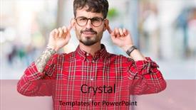  Presentation with elegant man in glasses optics - Presentation theme having auditing - young handsome man wearing glasses background and a red colored foreground