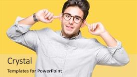  Presentation with ears - Theme with auditing - young handsome man wearing glasses background and a white colored foreground