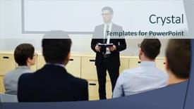  Presentation with report training - PPT theme consisting of auditoria - young speaker in suit standing background and a sky blue colored foreground