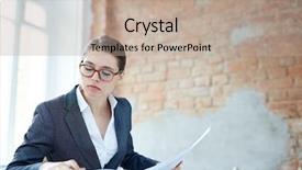  Presentation with notebook - Cool new presentation with young auditor reading her notes backdrop and a coral colored foreground