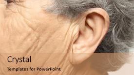  Presentation with hearing - Colorful theme enhanced with auditory - elderly woman closeup of ear backdrop and a coral colored foreground