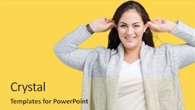  Presentation with plus size fashion model - PPT theme with audits - beautiful plus size young woman background and a yellow colored foreground