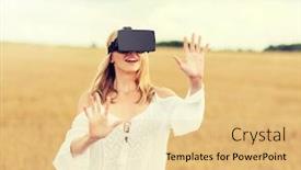  Presentation with augmented reality - PPT theme with augmented reality gaming summer holidays technology and people concept - happy young woman with virtual reality headset or 3d glasses on cereal field touching something background and a lemonade colored foreground