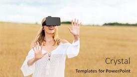  Presentation with augmented reality - Amazing presentation theme having augmented reality gaming summer holidays technology and people concept - happy young woman with virtual reality headset or 3d glasses on cereal field touching something backdrop and a coral colored foreground