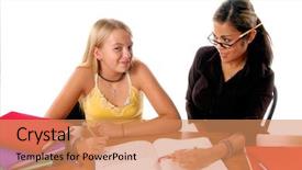  Presentation with instruction - Colorful slides enhanced with august means back to school teacher and student share some one on one instruction time in a classroom environment isolated over white backdrop and a coral colored foreground