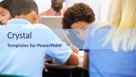  Presentation with classroom - Colorful presentation theme enhanced with aula de libras - pupils studying at desks backdrop and a  colored foreground