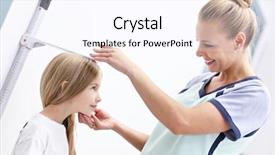  Presentation with height - Audience pleasing PPT theme consisting of auscultation - picture of female doctor measuring backdrop and a sky blue colored foreground