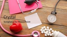  Presentation with medical equipment - Colorful PPT theme enhanced with auscultation - pink stethoscope pills and other backdrop and a coral colored foreground