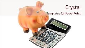  Presentation with piggy bank - PPT layouts featuring austerity - calculator beside a piggy bank background and a sky blue colored foreground