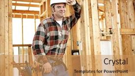  Presentation with set of construction tools tool - Presentation theme with authentic construction worker on actual background and a coral colored foreground