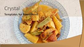  Presentation with rich - Slide set consisting of authentic plate of cretan oven-baked chicken with potatoes and courgettes zuccini in a rich tomato and herb olive-oil sauce background and a gold colored foreground