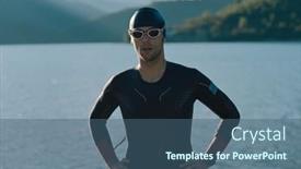  Presentation with swimmer - Colorful slide set enhanced with authentic-triathlete-swimmer-portrait-wearing backdrop and a ocean colored foreground