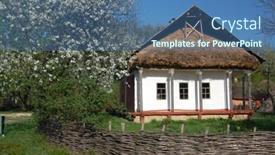  Presentation with opening ceremony of house - Presentation theme with authentic ukrainian house in pirogovo open-air museum kiev ukraine background and a teal colored foreground