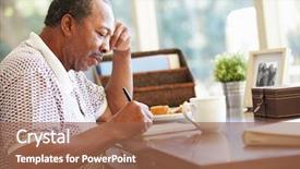  Presentation with writing - Audience pleasing presentation theme consisting of author - senior man writing memoirs backdrop and a tawny brown colored foreground