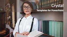  Presentation with book glasses - Amazing PPT theme having authoress in glasses and white shirt standing near the bookshelf holding book and looking at camera backdrop and a tawny brown colored foreground