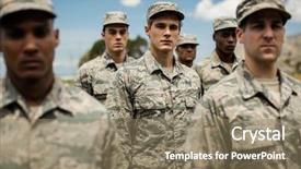  Presentation with boot camp - Presentation design enhanced with army boots - group of military soldiers standing background and a coral colored foreground