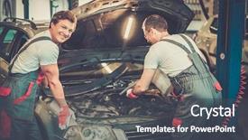  Presentation with mechanics - Theme with auto - two mechanics fixing car background and a dark gray colored foreground