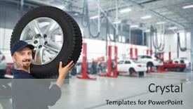  Presentation with auto repair - PPT layouts enhanced with auto brakes - smiling repairman with tire background and a light gray colored foreground