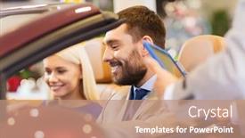  Presentation with car dealer - Presentation theme having auto business car sale consumerism and people concept - happy couple with car dealer in auto show or salon background and a coral colored foreground
