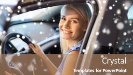  Presentation with consumerism - Colorful PPT theme enhanced with auto business car sale consumerism transportation and people concept - happy woman sitting in or driving car over snow effect backdrop and a coral colored foreground