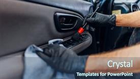  Presentation with trim - Presentation consisting of auto detailing worker cleans door background and a ocean colored foreground