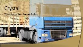  Presentation with wooden board empty table top - PPT theme enhanced with auto industry fait - truck carrying empty wooden crates background and a yellow colored foreground