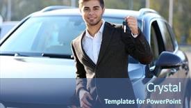  Presentation with car key - Slide deck with auto leasing - businessman holding car key outdoors background and a ocean colored foreground