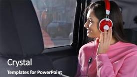  Presentation with audiobook - PPT theme featuring auto library - woman listening to audiobook background and a dark gray colored foreground