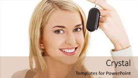 Presentation with car rental - Presentation theme with happy woman holding a car background and a  colored foreground