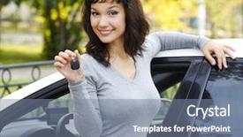  Presentation with car parts robots - Colorful slide deck enhanced with pretty girl showing the car backdrop and a seafoam green colored foreground