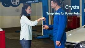  Presentation with auto repair - Beautiful PPT theme featuring auto maintenance - customer giving her car keys backdrop and a ocean colored foreground