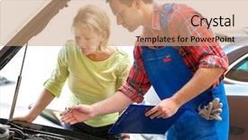  Presentation with female mechanic - Slide deck enhanced with fixed cost - auto mechanic and female customer background and a coral colored foreground