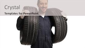  Presentation with auto - PPT layouts having auto-mechanic-carrying-two-car background and a light gray colored foreground